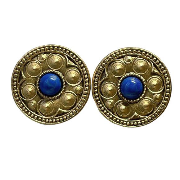 1990s MFA Gold Plated Glass Blue Lapis Embossed Circular Clip Earrings - Picture 1 of 3